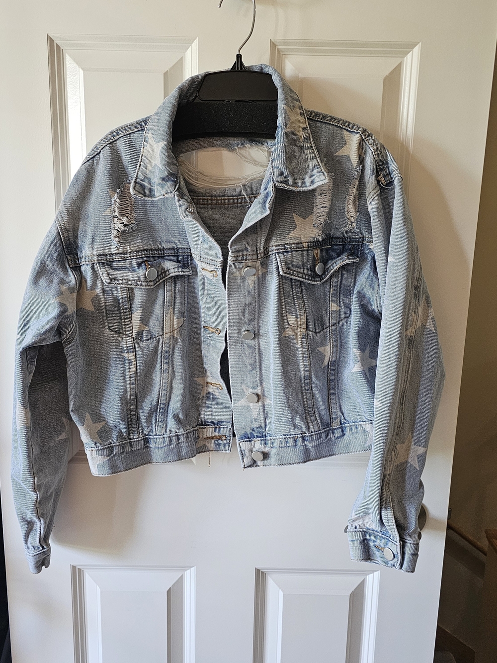 Star Print Distressed Light Blue Denim Jacket - Women